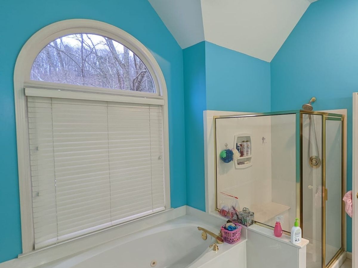 Bathroom with turquoise walls, an arched window, and a garden tub