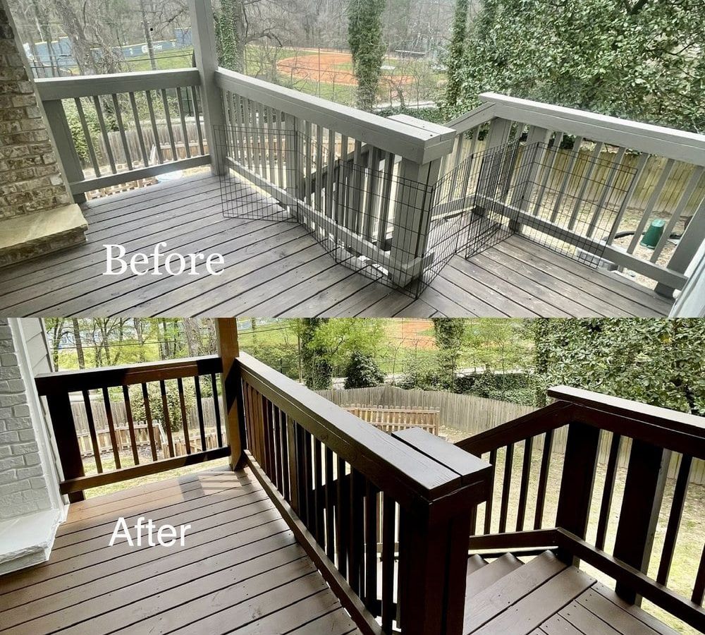Before and after of a deck railing: weathered gray boards above, a dark stained railing and deck below