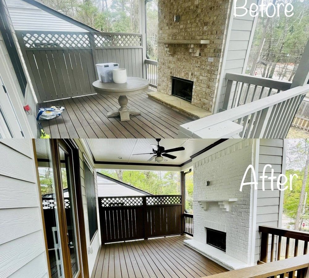 Before and after of a covered porch deck: a stone fireplace and weathered gray deck above, a white-painted fireplace and a dark stained deck below